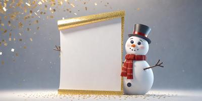 The primary subject of the image is a snowman, which is standing in front of a piece of paper. The setting is a white background, and the visual style appears to be a digital art or illustration. The colors and mood of the image are predominantly white, giving it a clean and festive appearance.
